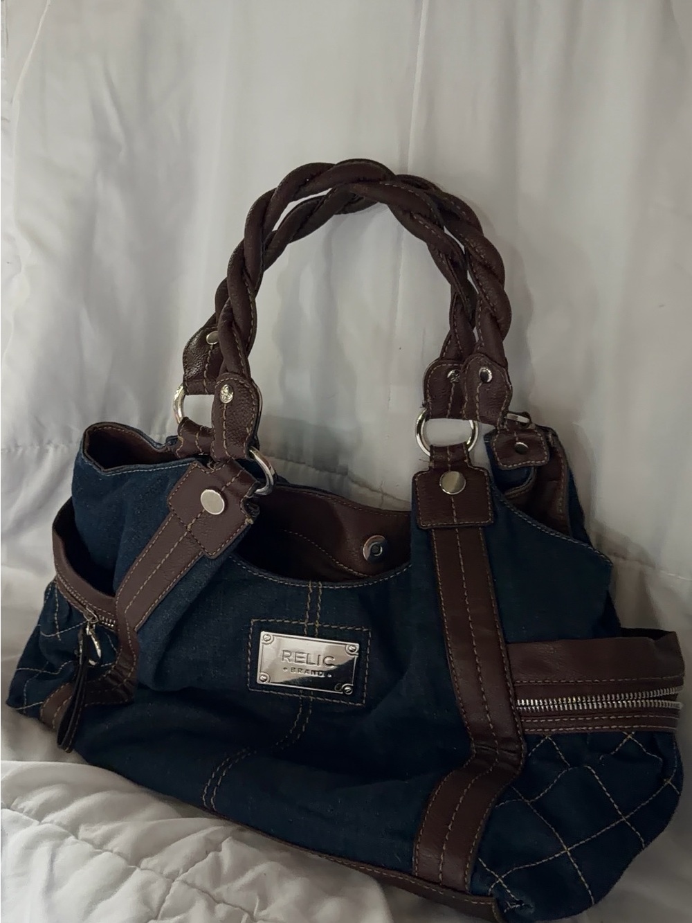 Relic Navy Denim Shoulder Tote with Brown Leather Trim